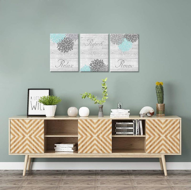 Zlove Teal and Grey Bathroom Wall Decor Dahlia Flower Painting Prints Relax Signs Artwork for Spa Yoga Room, 12"x16", 3Pcs - Image 4